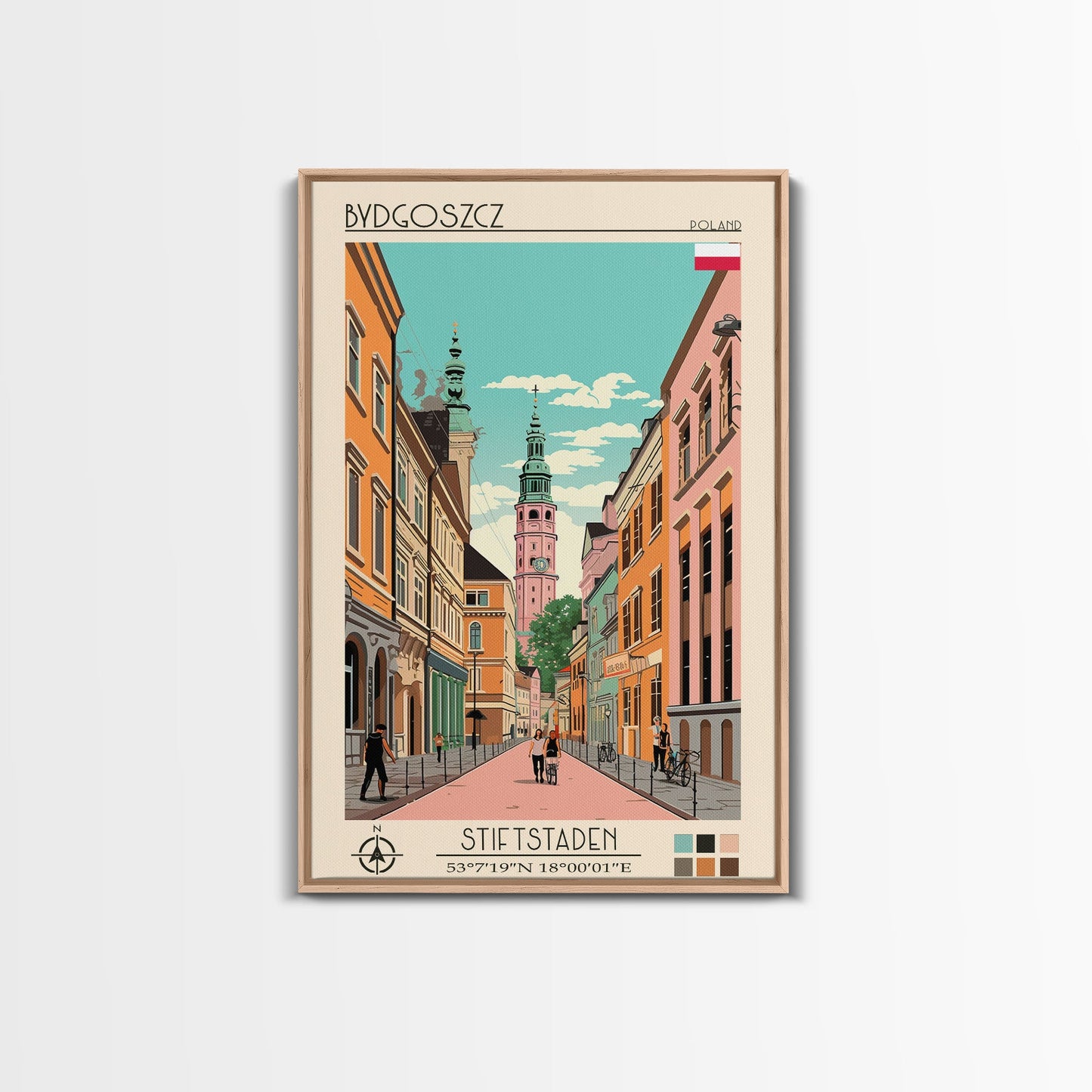 Bydgoszcz Poland Travel Poster Framed Canvas Print, Midcentury Modern Art, Pop Art Wall Decor, Home Decor, Vacation Gift, Living Room Art