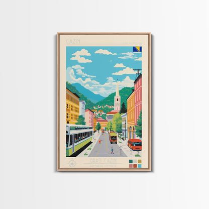 Cazin Bosnia and Herzegovina Travel Poster Framed Canvas Print, Midcentury Modern Art, Pop Art Wall Decor, Home Decor, Living Room Art