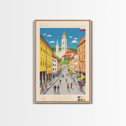 Celje Slovenia Travel Poster Framed Canvas Print, Midcentury Modern Art, Pop Art Wall Decor, Scenic Wall Art, Living Room Art