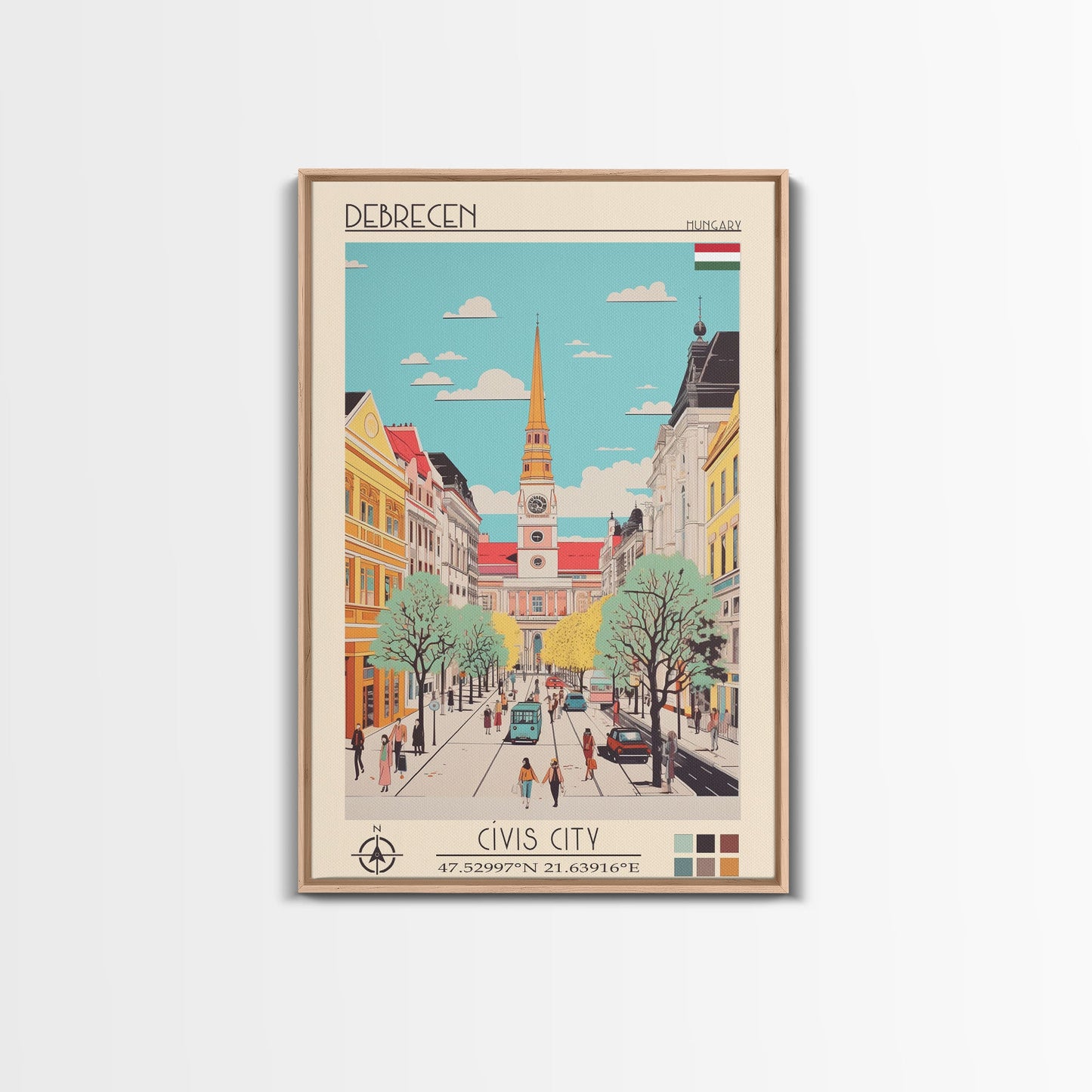 Debrecen Hungary Travel Poster Framed Canvas Print, Midcentury Modern Art, Pop Art Wall Decor, Home Decor, Vacation Gift, Living Room Art