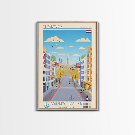 Eindhoven Netherlands Travel Poster Framed Canvas Print, Midcentury Modern Art, Pop Art Wall Decor, Scenic Living Room Art, Bedroom Gift