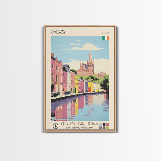 Galway Ireland Travel Poster Framed Canvas Print, Midcentury Modern Art, Pop Art Wall Decor, Scenic Bedroom Art, Office Decoration