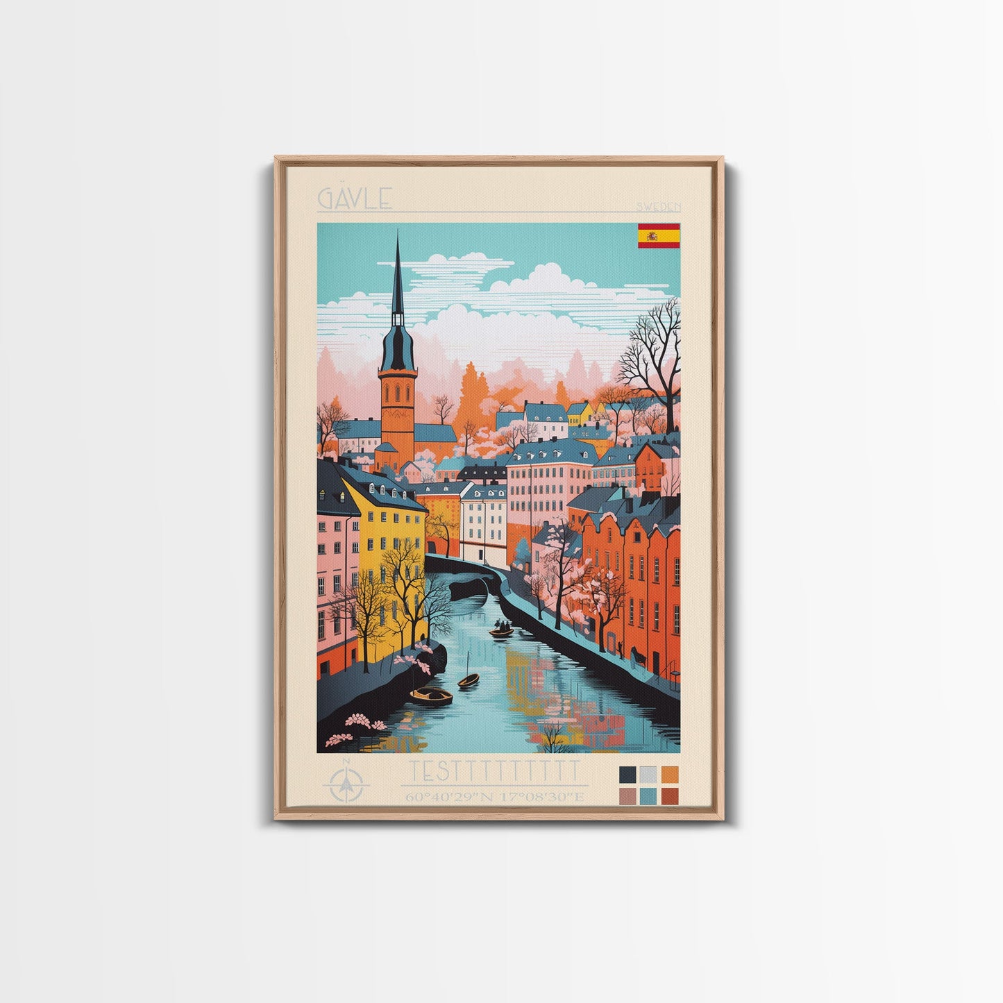 Gävle Sweden Travel Poster Framed Canvas Print, Midcentury Modern Art, Pop Art Wall Decor, Scenic Wall Art, Bedroom Decoration