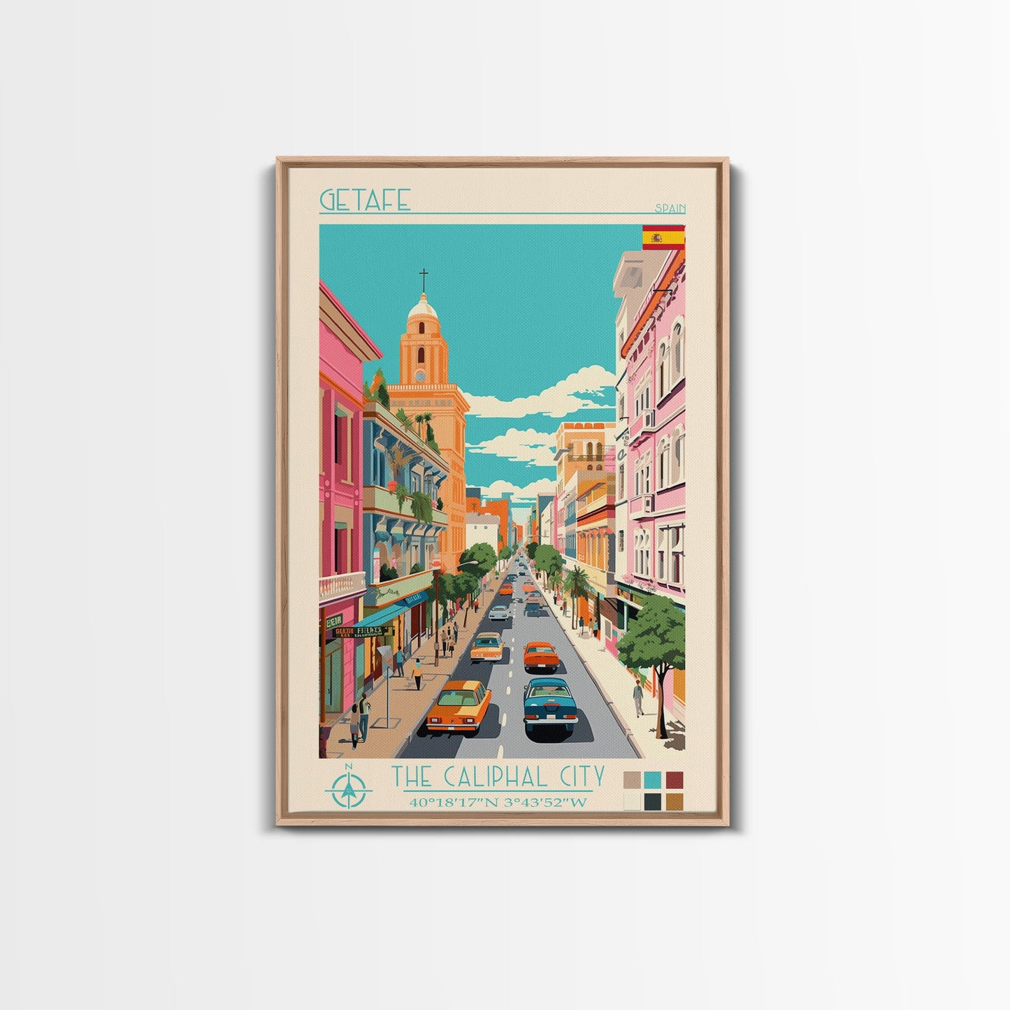 Getafe Spain Travel Poster Framed Canvas Print, Midcentury Modern Art, Pop Art Wall Decor, Scenic Wall Art, Bedroom Decoration