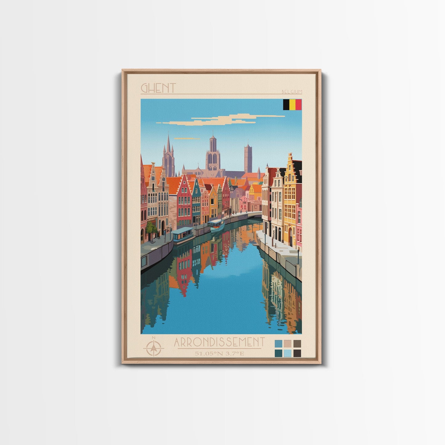 Ghent Belgium Travel Poster Framed Canvas Print, Midcentury Modern Art, Pop Art Wall Decor, Scenic Wall Art, Living Room Decoration, Office Art