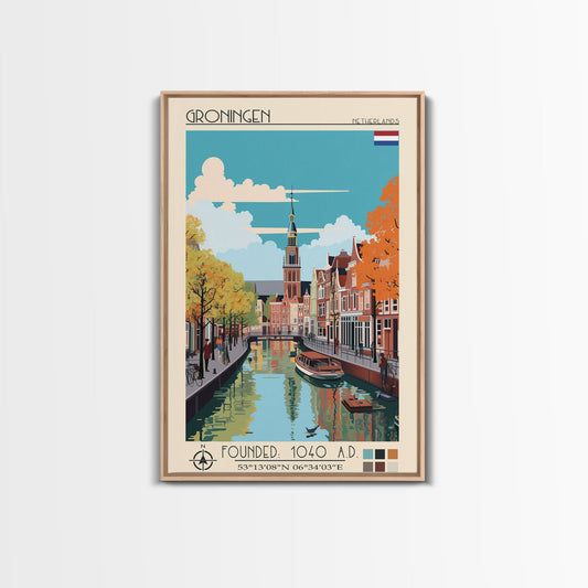 Groningen Netherlands Travel Poster Framed Canvas Print, Midcentury Modern Art, Pop Art Wall Decor, Scenic Living Room Art, Bedroom Gift