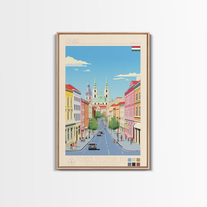 Győr Hungary Travel Poster Framed Canvas Print, Midcentury Modern Art, Pop Art Wall Decor, Scenic Wall Art, Living Room Decoration, Office Gift