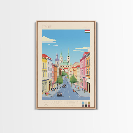 Győr Hungary Travel Poster Framed Canvas Print, Midcentury Modern Art, Pop Art Wall Decor, Scenic Wall Art, Living Room Decoration, Office Gift