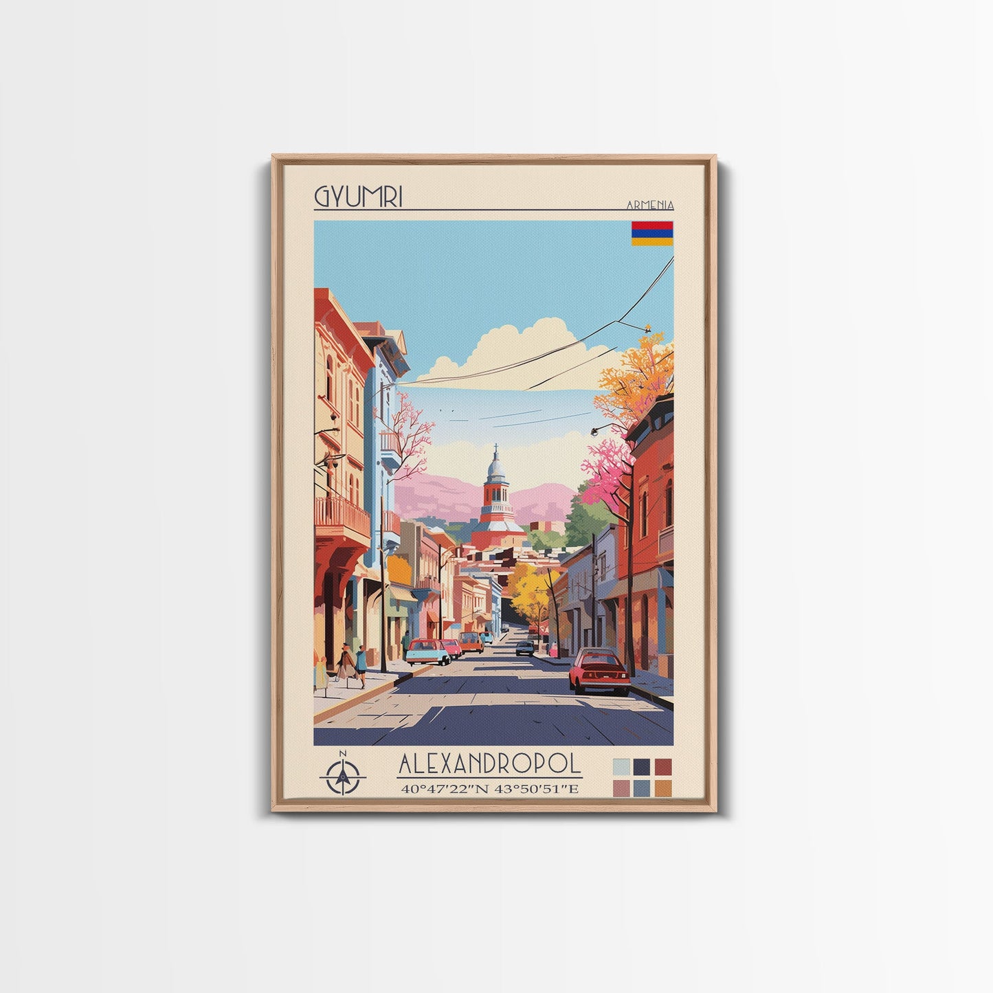 Gyumri Armenia Travel Poster Framed Canvas Print, Midcentury Modern Art, Pop Art Wall Decor, Home Decor, Vacation Gift, Bedroom Art