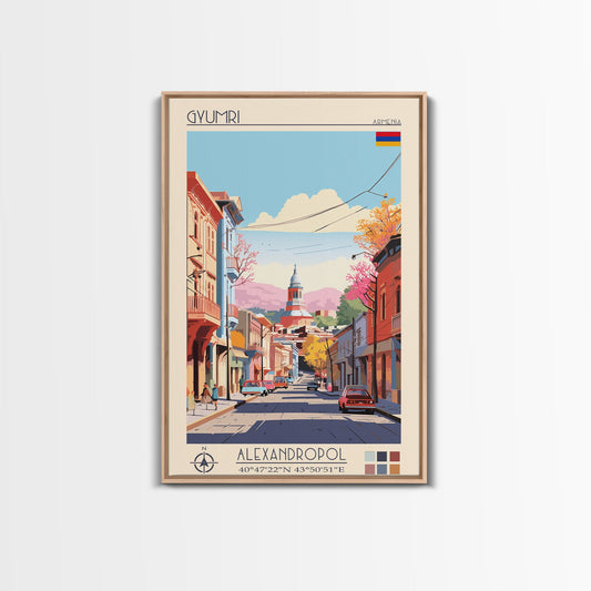 Gyumri Armenia Travel Poster Framed Canvas Print, Midcentury Modern Art, Pop Art Wall Decor, Home Decor, Vacation Gift, Bedroom Art