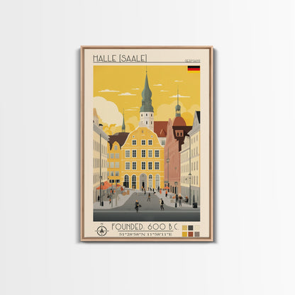 Halle Germany Travel Poster Framed Canvas Print, Midcentury Modern Art, Pop Art Wall Decor, Scenic Living Room Art, Bedroom Decor