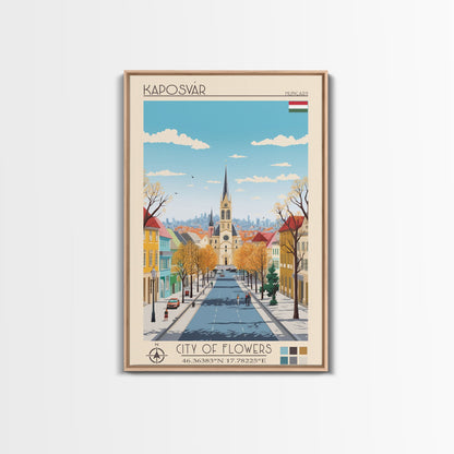 Kaposvár Hungary Travel Poster Framed Canvas Print, Midcentury Modern Art, Pop Art Wall Decor, Scenic Bedroom Art, Office Decoration