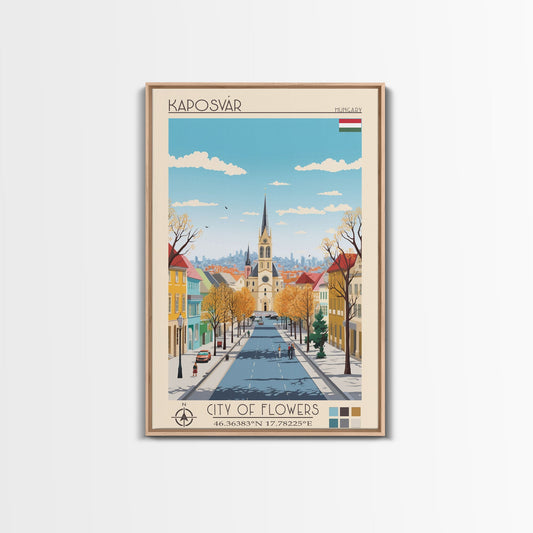 Kaposvár Hungary Travel Poster Framed Canvas Print, Midcentury Modern Art, Pop Art Wall Decor, Scenic Bedroom Art, Office Decoration