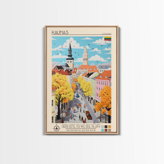 Kaunas Lithuania Travel Poster Framed Canvas Print, Midcentury Modern Art, Pop Art Wall Decor, Scenic Living Room Art, Bedroom Gift
