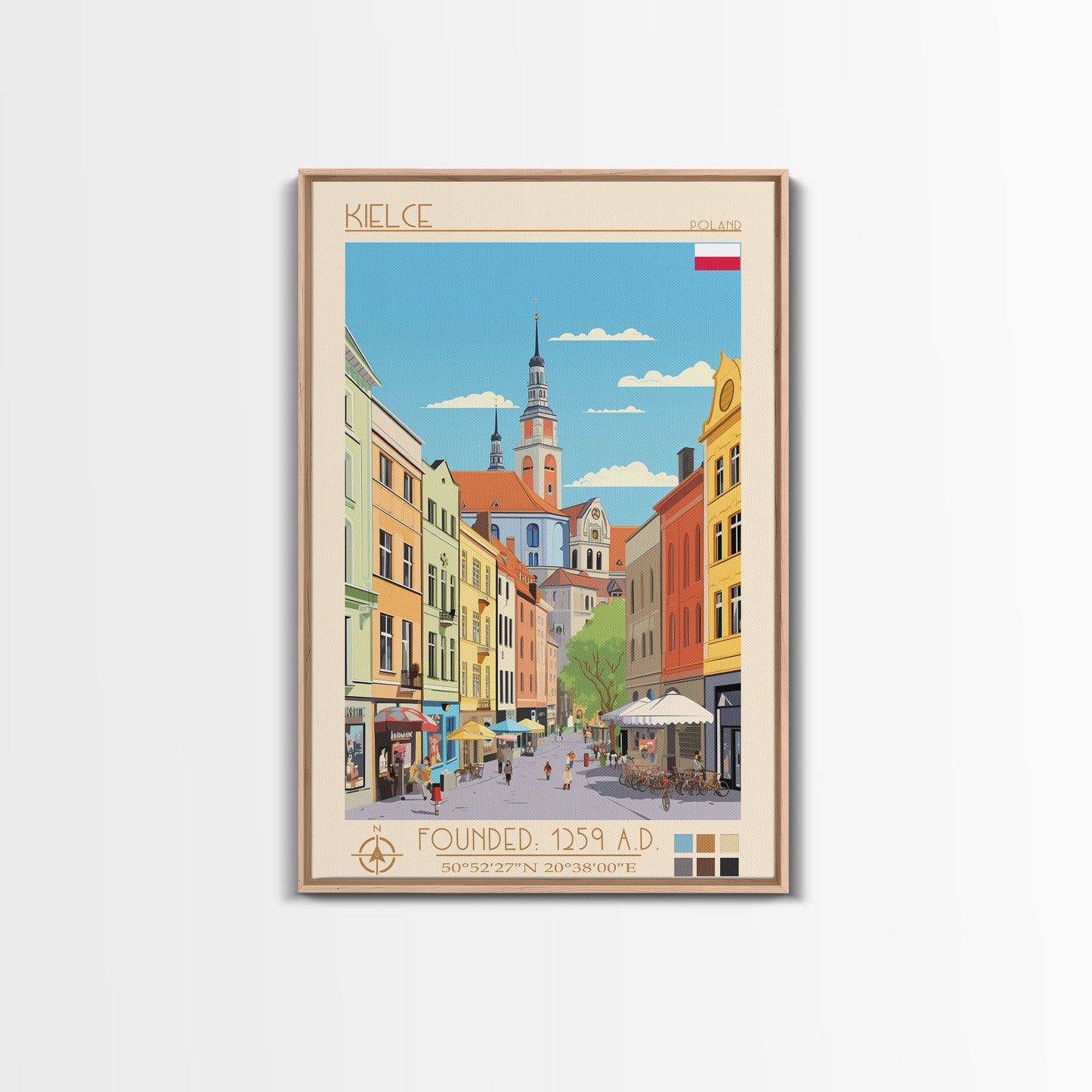 Kielce Poland Travel Poster Framed Canvas Print, Midcentury Modern Art, Pop Art Wall Decor, Scenic Wall Art, Bedroom Decoration