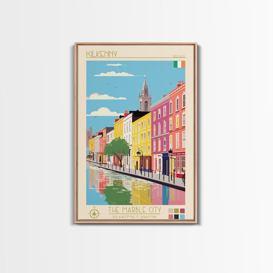 Kilkenny Ireland Travel Poster Framed Canvas Print, Midcentury Modern Art, Pop Art Wall Decor, Scenic Bedroom Art, Office Decoration