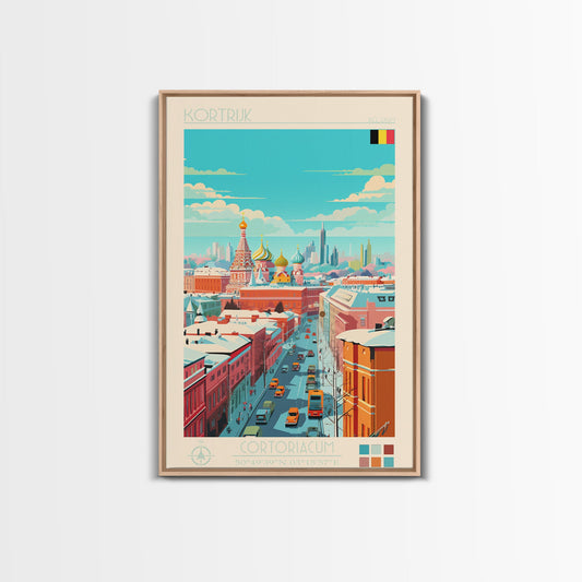 Kortrijk Belgium Travel Poster Framed Canvas Print, Midcentury Modern Art, Pop Art Wall Decor, Scenic Living Room Art, Bedroom Decor