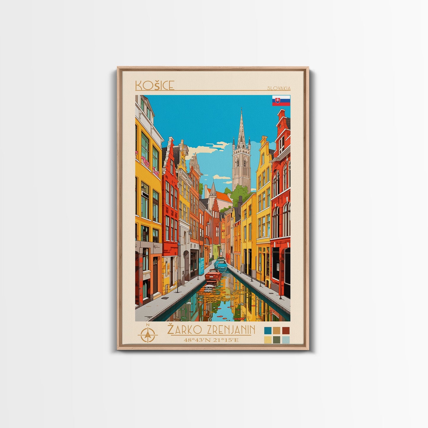 Košice Slovakia Travel Poster Framed Canvas Print, Midcentury Modern Art, Pop Art Wall Decor, Scenic Living Room Art, Bedroom Gift