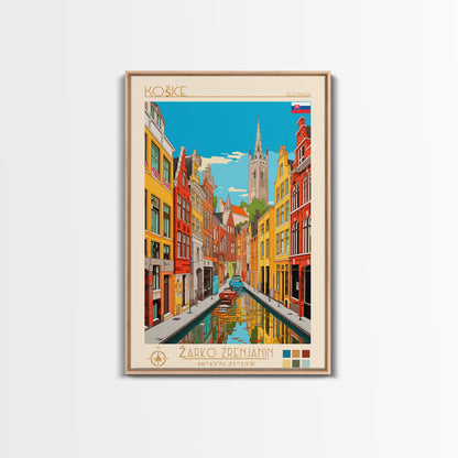 Košice Slovakia Travel Poster Framed Canvas Print, Midcentury Modern Art, Pop Art Wall Decor, Scenic Living Room Art, Bedroom Gift
