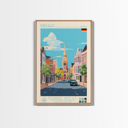 Krefeld Germany Travel Poster Framed Canvas Print, Midcentury Modern Art, Pop Art Wall Decor, Scenic Living Room Art, Bedroom Decor