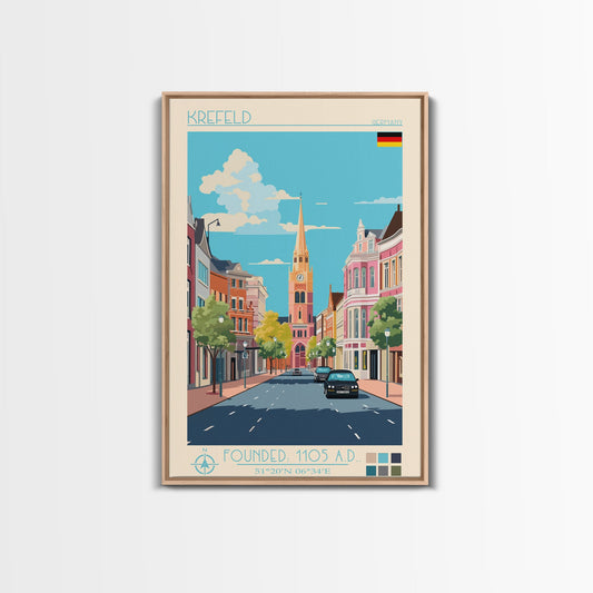 Krefeld Germany Travel Poster Framed Canvas Print, Midcentury Modern Art, Pop Art Wall Decor, Scenic Living Room Art, Bedroom Decor