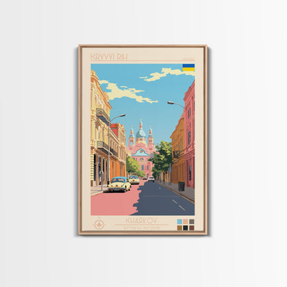 Kryvyi Rih Ukraine Travel Poster Framed Canvas Print, Midcentury Modern Art, Pop Art Wall Decor, Scenic Wall Art, Living Room Decoration, Office Art