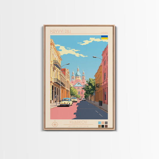 Kryvyi Rih Ukraine Travel Poster Framed Canvas Print, Midcentury Modern Art, Pop Art Wall Decor, Scenic Wall Art, Living Room Decoration, Office Art
