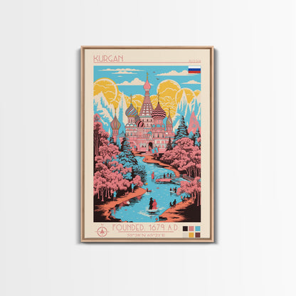 Kurgan Russia Travel Poster Framed Canvas Print, Midcentury Modern Art, Pop Art Wall Decor, Scenic Wall Art, Living Room Decoration, Office Gift