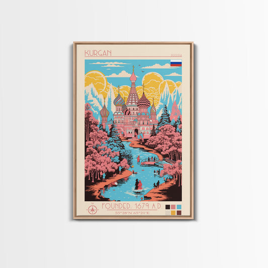 Kurgan Russia Travel Poster Framed Canvas Print, Midcentury Modern Art, Pop Art Wall Decor, Scenic Wall Art, Living Room Decoration, Office Gift