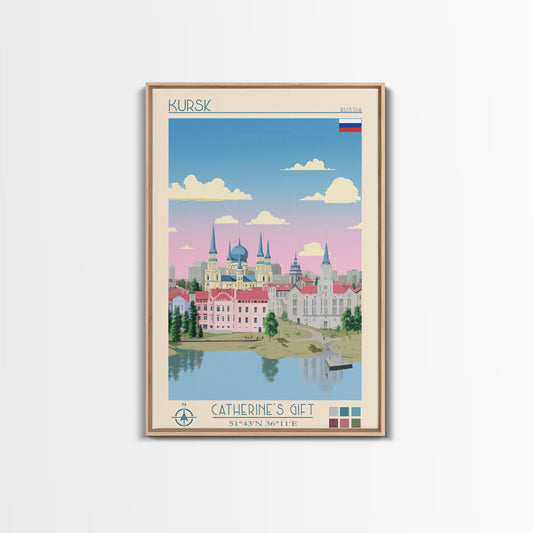 Kursk Russia Travel Poster Framed Canvas Print, Midcentury Modern Art, Pop Art Wall Decor, Scenic Bedroom Art, Office Decoration