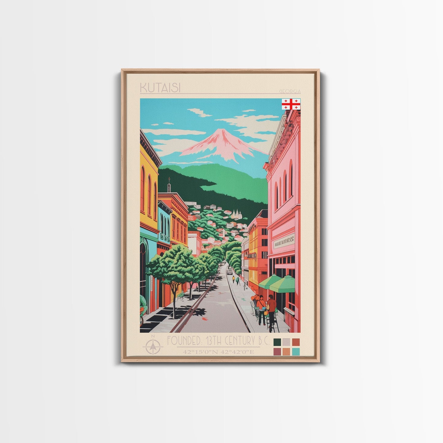 Kutaisi Georgia Travel Poster Framed Canvas Print, Midcentury Modern Art, Pop Art Wall Decor, Scenic Living Room Art, Bedroom Decor