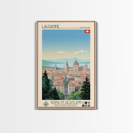 Lausanne Switzerland Travel Poster Framed Canvas Print, Midcentury Modern Art, Pop Art Wall Decor, Scenic Wall Art, Living Room Decoration, Office Art