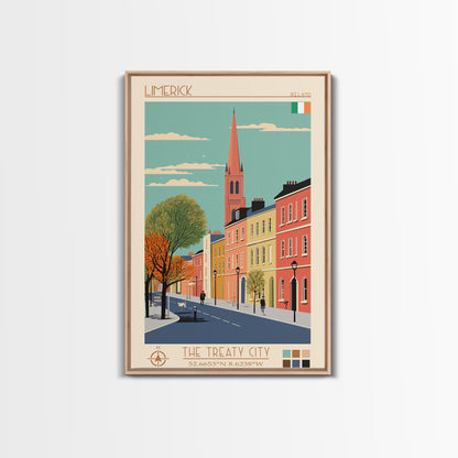Limerick Ireland Travel Poster Framed Canvas Print, Wall Decor, Midcentury Modern Art, Pop Art, Scenic Art for Bedroom and Office