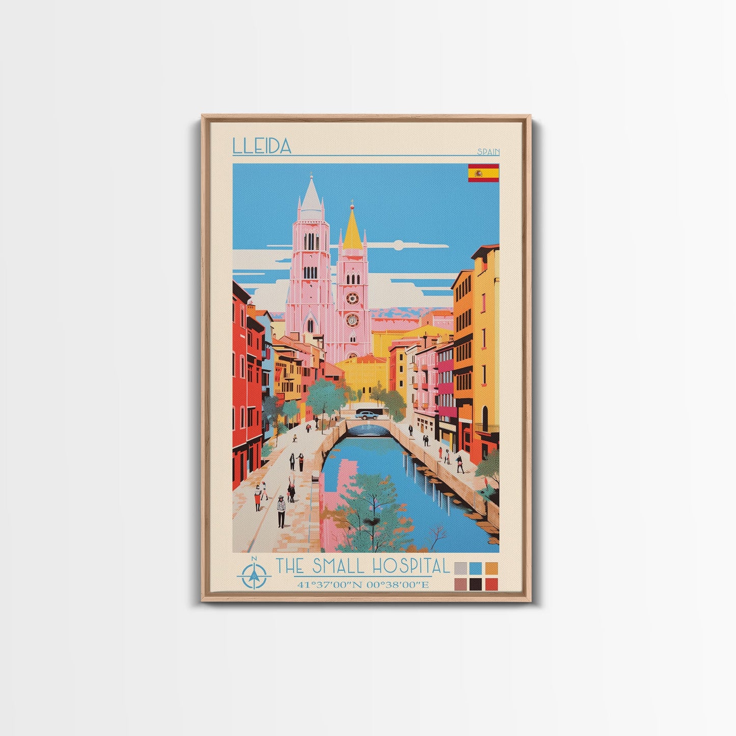 Lleida Spain Travel Poster Framed Canvas Print, Midcentury Modern Art, Pop Art Wall Decor, Scenic Art, Living Room and Office Gift