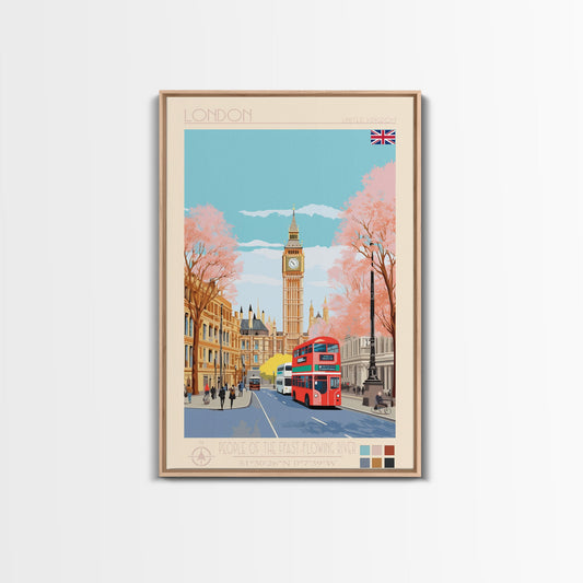 London United Kingdom Travel Poster Framed Canvas Print, Wall Decor, Midcentury Modern Art, Pop Art, Scenic Art for Office and Home