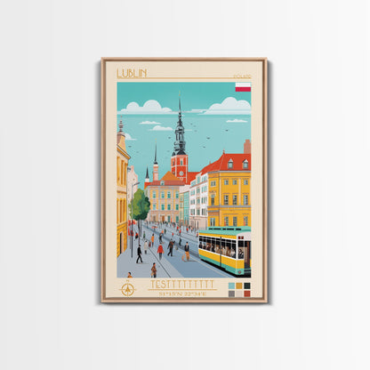 Lublin Poland Travel Poster Framed Canvas Print, Wall Decor, Midcentury Modern Art, Pop Art, Scenic Art for Bedroom and Living Room