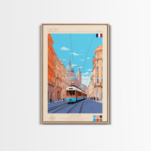 Lyon France Travel Poster Framed Canvas Print, Midcentury Modern Art, Pop Art Wall Decor, Scenic Bedroom Art, Office Decoration