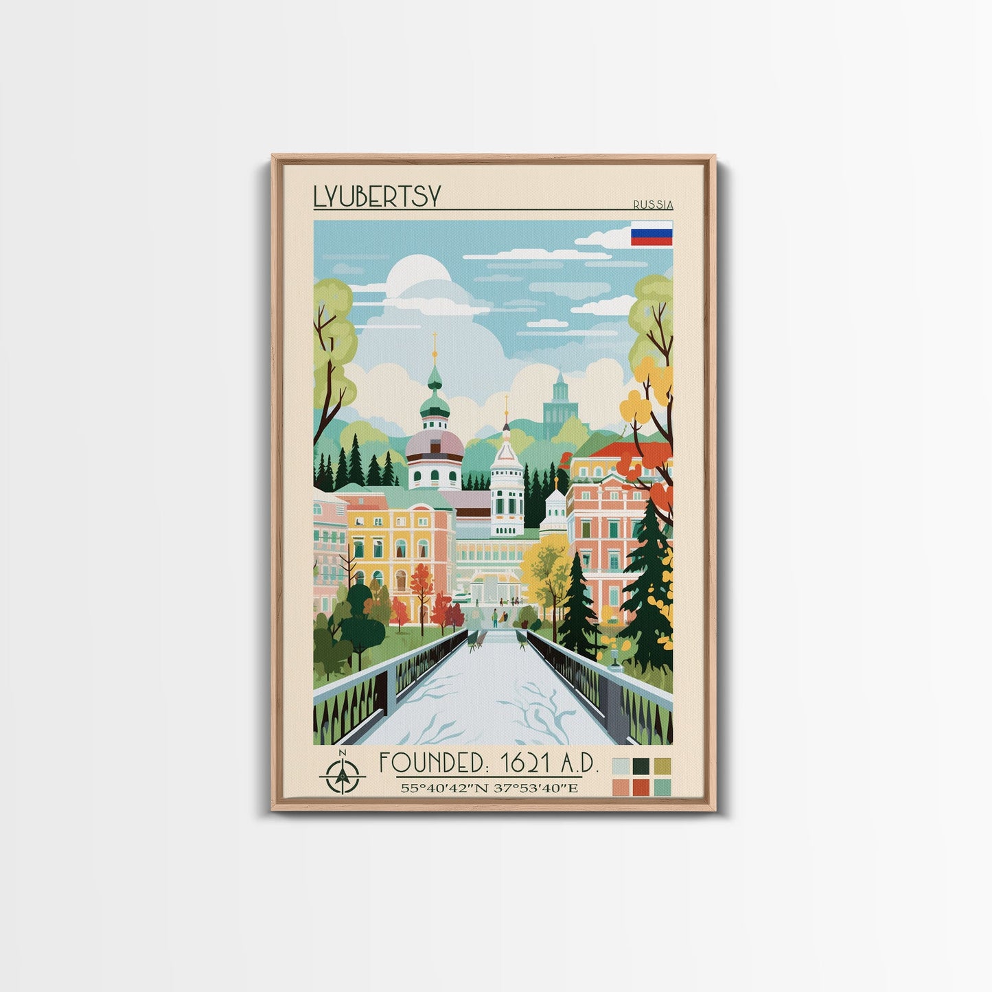 Lyubertsy Russia Travel Poster Framed Canvas Print, Midcentury Modern Art, Pop Art Wall Decor, Scenic Living Room Art, Bedroom Decor
