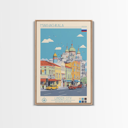 Makhachkala Russia Travel Poster Framed Canvas Print, Midcentury Modern Art, Pop Art Wall Decor, Scenic Wall Art, Living Room Decoration, Office Art