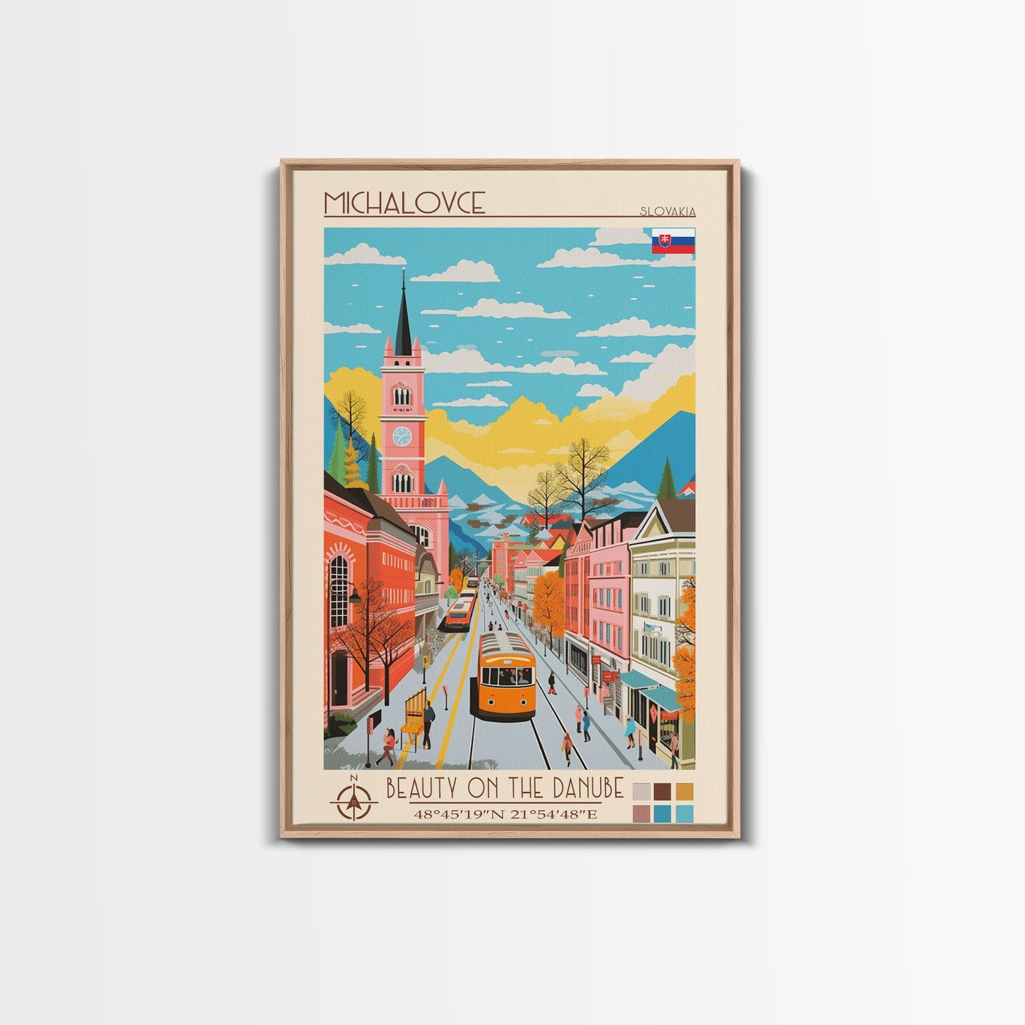 Michalovce Slovakia Travel Poster Framed Canvas Print, Midcentury Modern Art, Pop Art Wall Decor, Scenic Wall Art, Living Room Decoration, Office Art