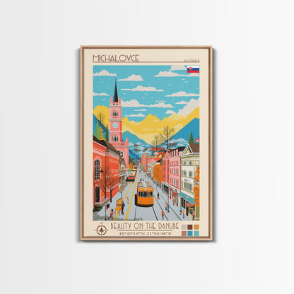 Michalovce Slovakia Travel Poster Framed Canvas Print, Midcentury Modern Art, Pop Art Wall Decor, Scenic Wall Art, Living Room Decoration, Office Art