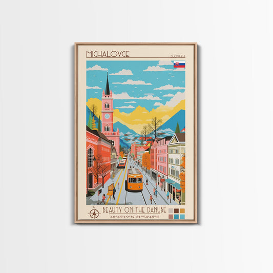 Michalovce Slovakia Travel Poster Framed Canvas Print, Midcentury Modern Art, Pop Art Wall Decor, Scenic Wall Art, Living Room Decoration, Office Art