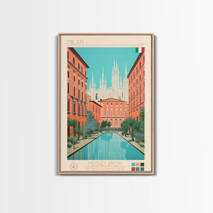 Milan Italy Travel Poster Framed Canvas Print, Midcentury Modern Art, Pop Art Wall Decor, Scenic Bedroom Art, Office Decoration
