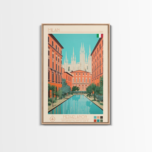 Milan Italy Travel Poster Framed Canvas Print, Midcentury Modern Art, Pop Art Wall Decor, Scenic Bedroom Art, Office Decoration