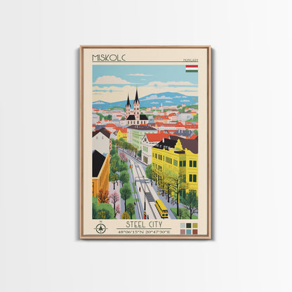 Miskolc Hungary Travel Poster Framed Canvas Print, Midcentury Modern Art, Pop Art Wall Decor, Scenic Living Room Art, Bedroom Decor