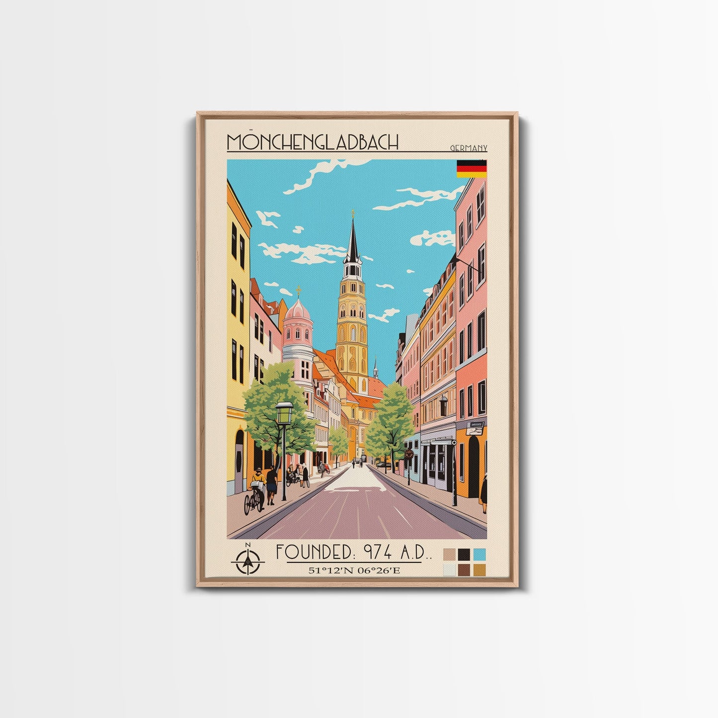 Mönchengladbach Germany Travel Poster Framed Canvas Print, Midcentury Modern Art, Pop Art Wall Decor, Scenic Living Room Art, Bedroom Gift