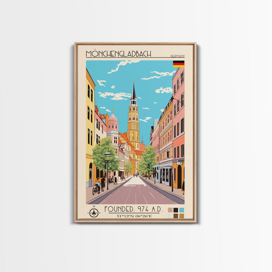 Mönchengladbach Germany Travel Poster Framed Canvas Print, Midcentury Modern Art, Pop Art Wall Decor, Scenic Living Room Art, Bedroom Gift
