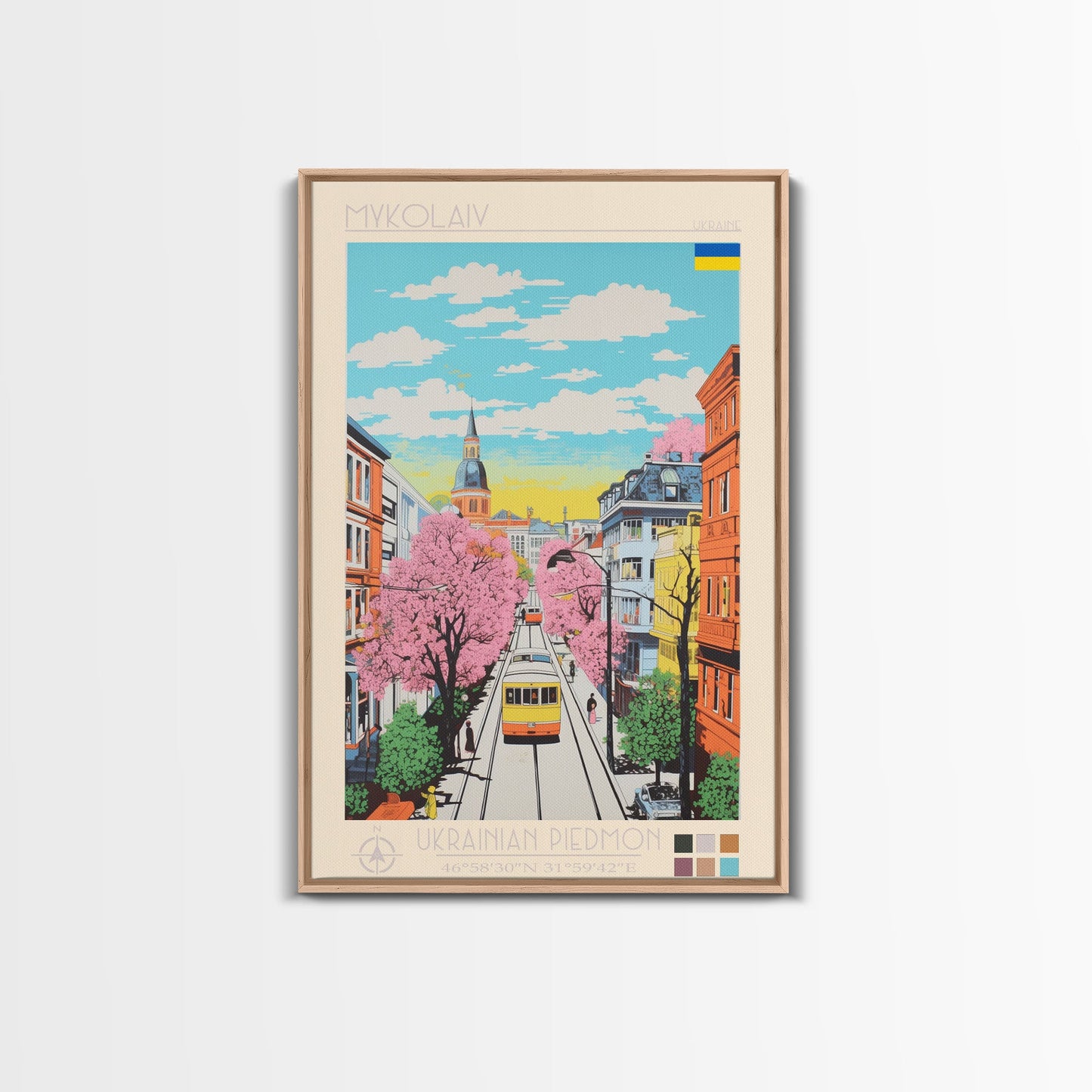 Mykolaiv Ukraine Travel Poster Framed Canvas Print, Midcentury Modern Art, Pop Art Wall Decor, Scenic Bedroom Art, Office Decoration