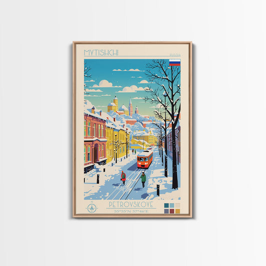 Mytishchi Russia Travel Poster Framed Canvas Print, Midcentury Modern Art, Pop Art Wall Decor, Scenic Living Room Art, Bedroom Decor