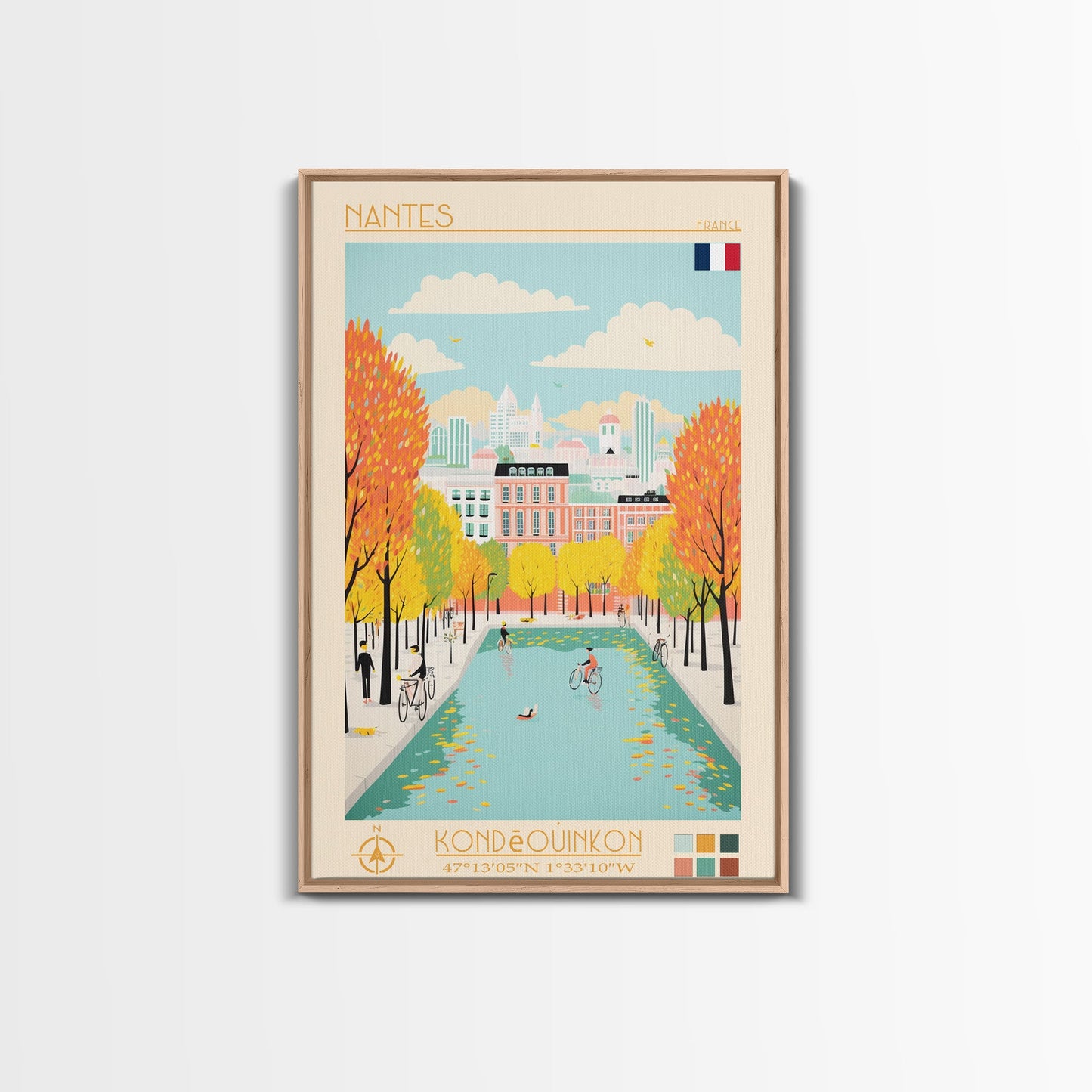 Nantes France Travel Poster Framed Canvas Print, Midcentury Modern Art, Pop Art Wall Decor, Scenic Wall Art, Bedroom Decoration